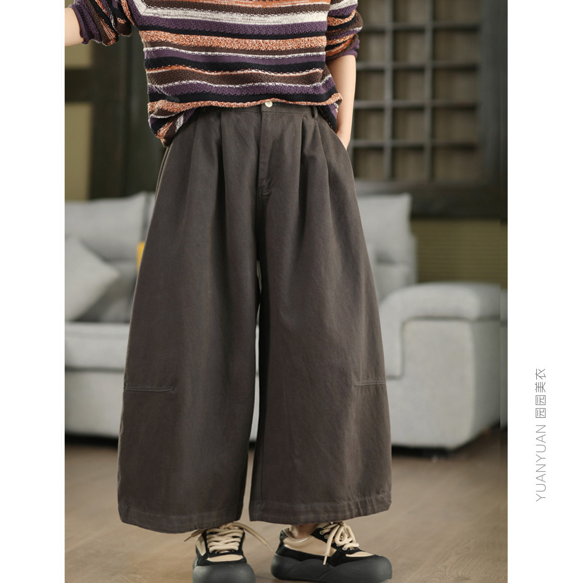 园园美衣复古100%棉显瘦阔腿裤女高腰宽松直筒裤文艺纯色九分裤,女装/女士精品,休闲裤,淘宝优惠券,粉丝福利购,淘宝优惠卷
