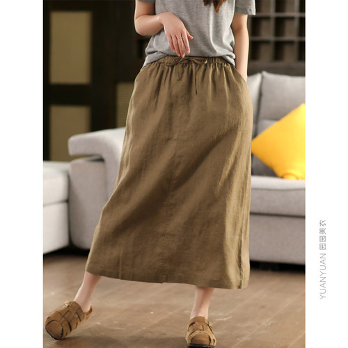 100%亚麻半身裙女气质后开叉显瘦