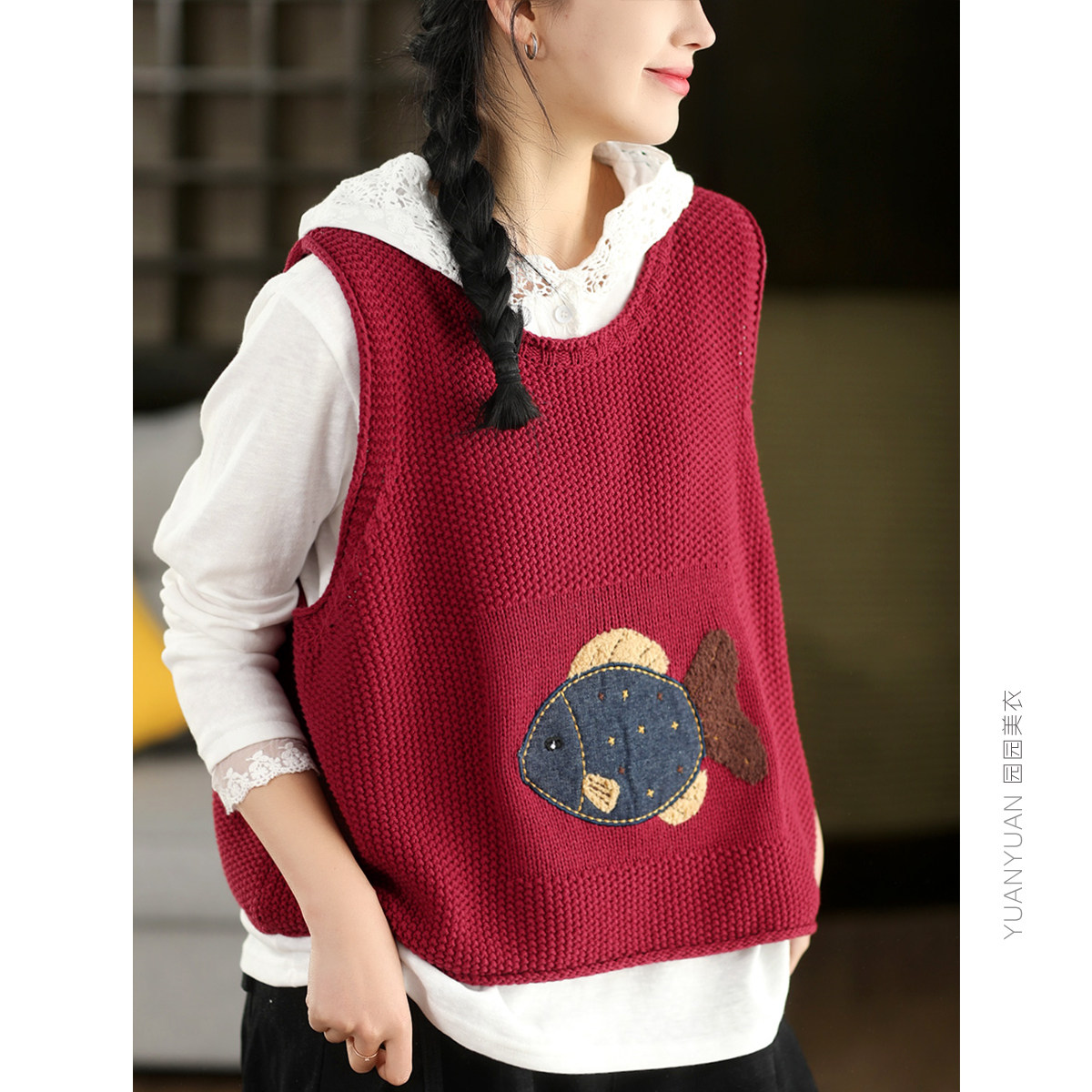 园园美衣新款复古贴布针织背心女春款圆领无袖套头马夹文艺上衣