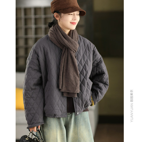 园园美衣冬季复古菱格100%棉夹棉外套女内里印花内衬薄棉加厚棉袄