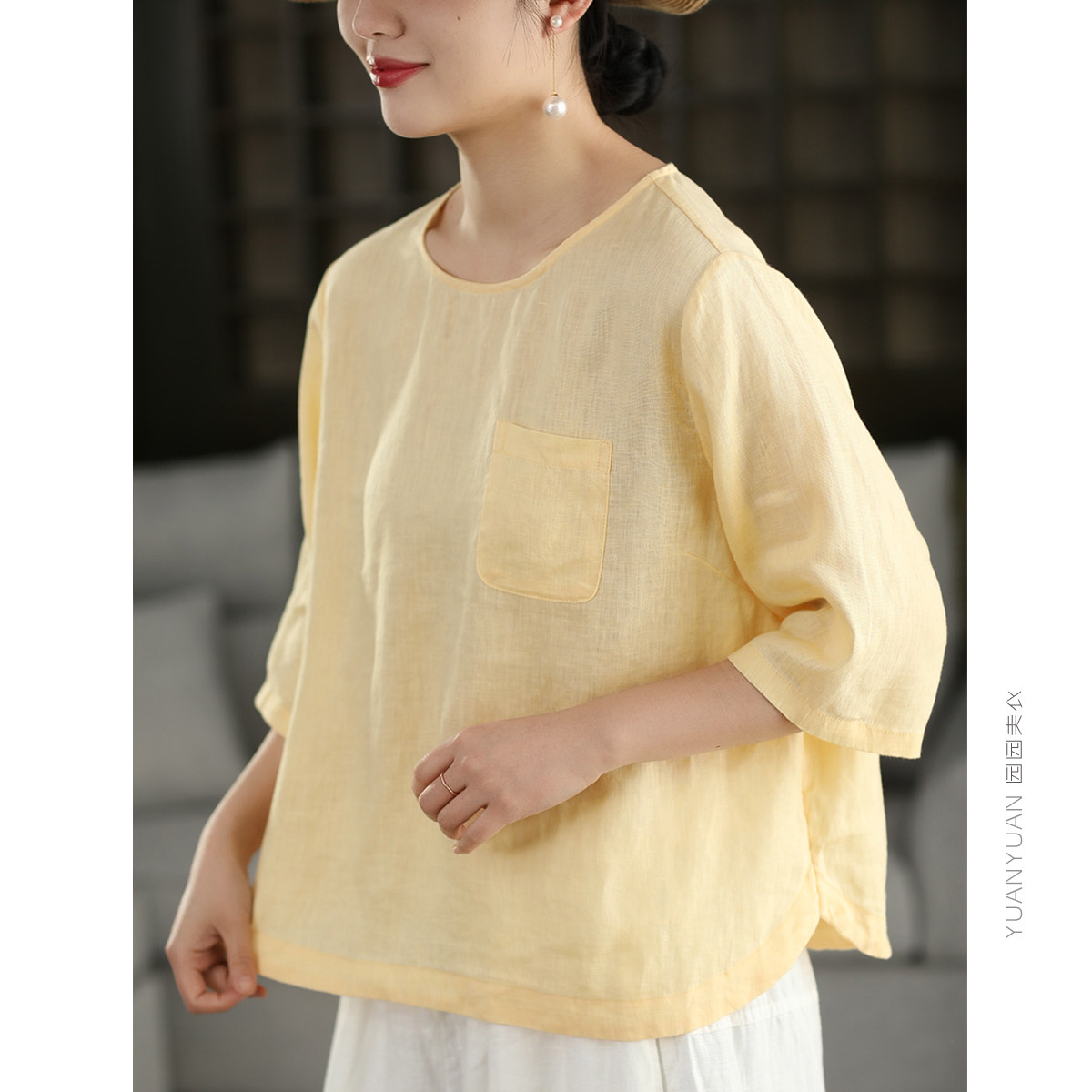 园园美衣复古进口100%亚麻套头衬衫夏季中袖圆领文艺衬衣休闲上衣