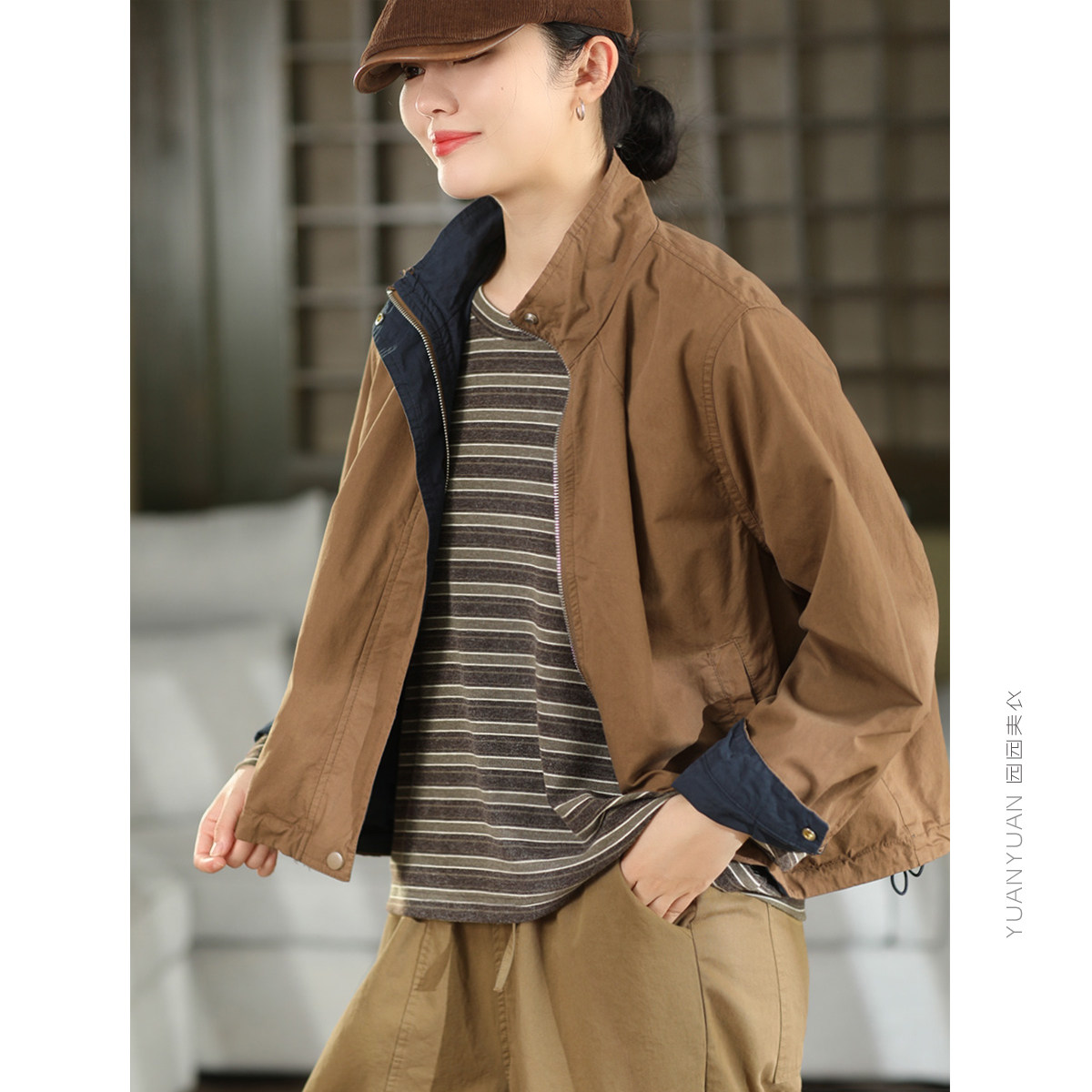 园园美衣高密100%棉夹克双层外套女时尚抽绳摆夹克开衫外搭上衣秋