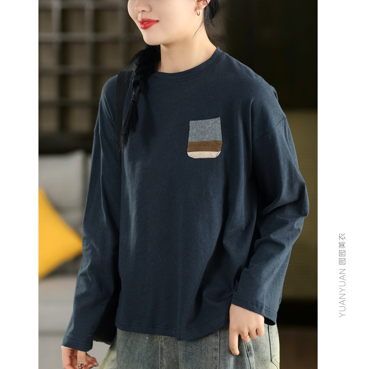 园园美衣复古亚麻棉贴布上衣女春季百搭圆领长袖套头衫文艺T恤