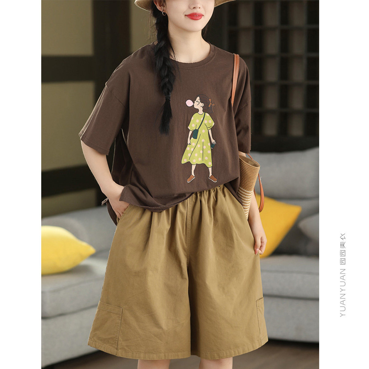 园园美衣复古手工磨破全棉短袖女文艺印花圆领套头衫夏季T恤上衣