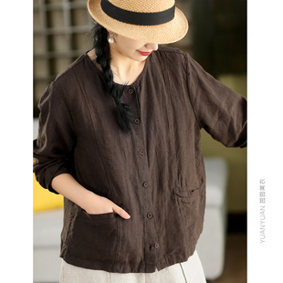 园园美衣重工砂洗100%亚麻衬衫外套女春款文艺单排扣长袖衬衣开衫