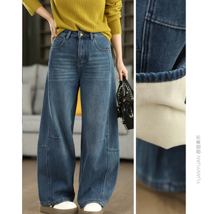 女加绒保暖阔腿裤 定制YKK拉链加厚牛仔这直筒裤 时尚 园园美衣冬季