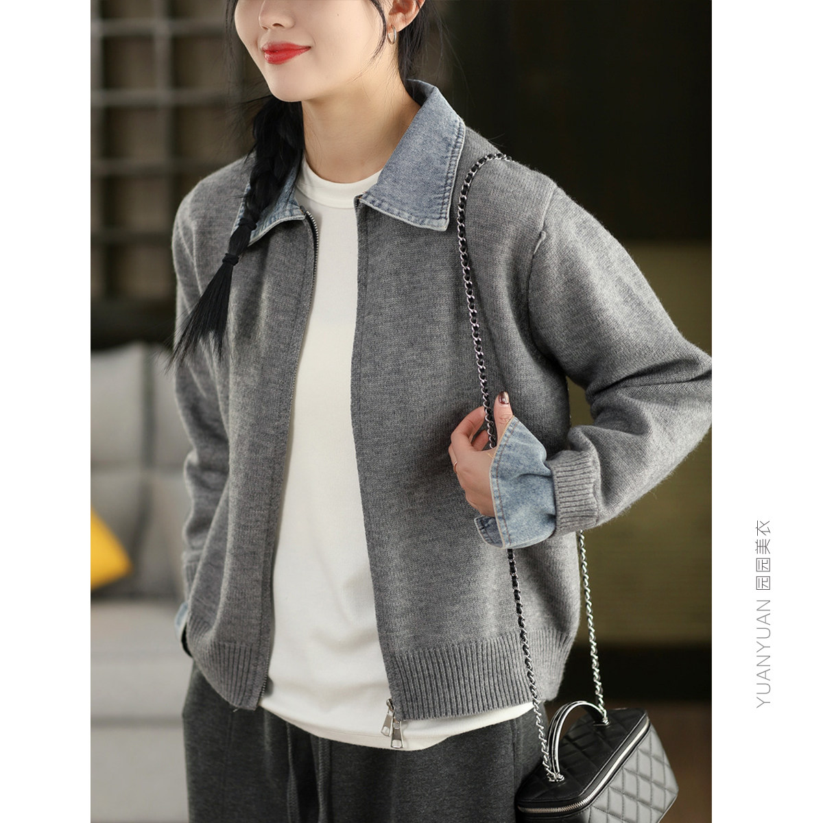 园园美衣时尚拼接牛仔假两件毛衣外套女春款双头拉链针织开衫上衣,女装/女士精品,毛针织衫,淘宝优惠券,粉丝福利购,淘宝优惠卷