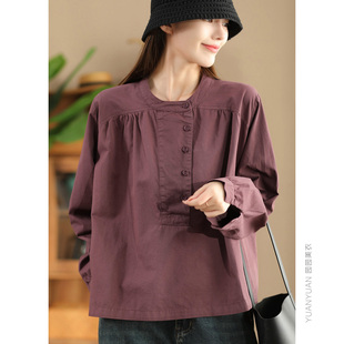 上衣气质立领长袖 女手工捏褶套头衫 衬衣 100%全棉衬衫 园园美衣秋款