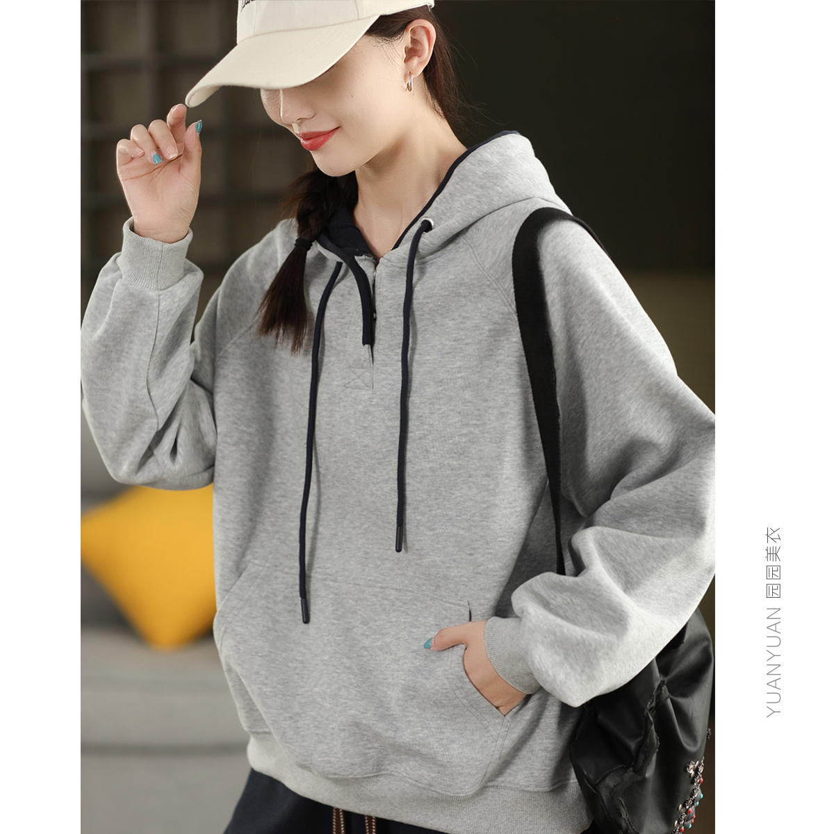 撞色连帽针织棉卫衣套头帽衫