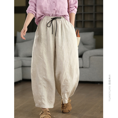21支100%亚麻气球裤女系带松紧腰显瘦哈伦裤文艺灯笼裤弯刀裤春