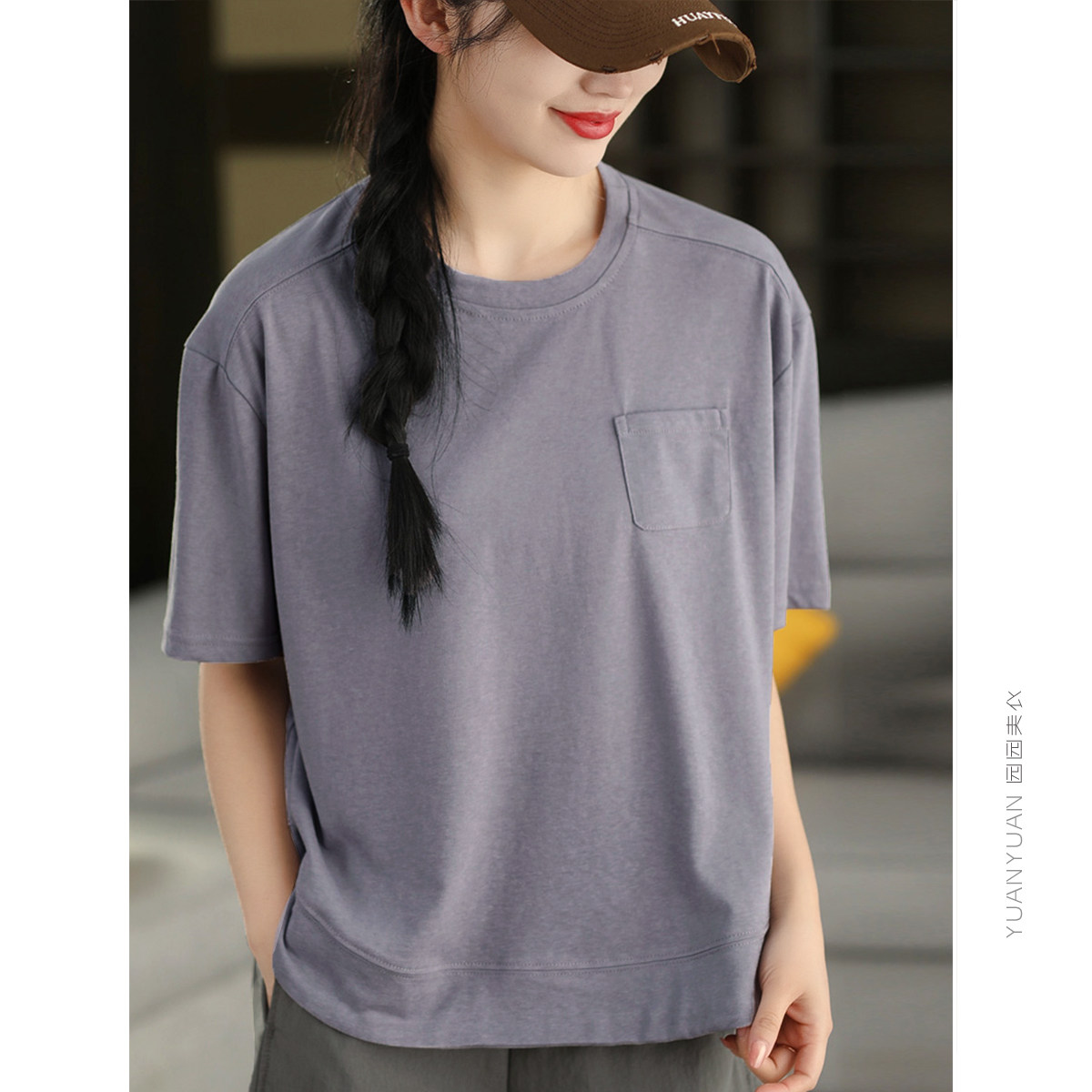 园园美衣复古亚麻透气短袖女夏季纯色百搭圆领T恤套头衫上衣