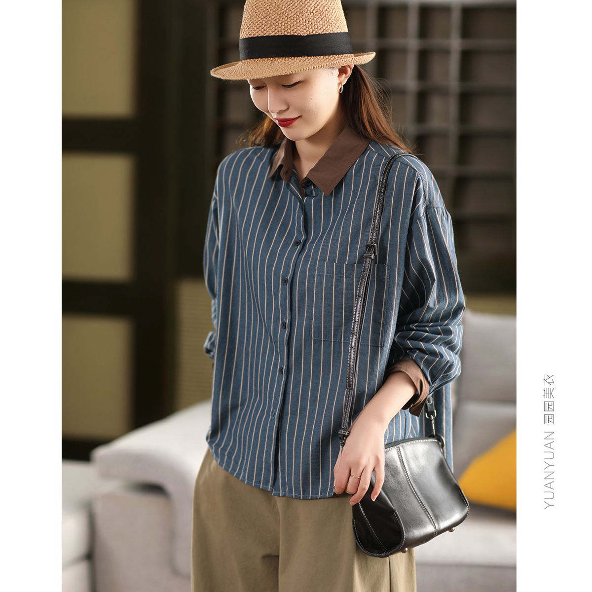 园园美衣复古100%棉条纹衬衫外套女撞色翻领长袖衬衣全棉上衣开衫