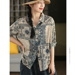 园园美衣复古数码印花亚麻棉衬衫女春夏翻领长袖衬衣休闲底上衣