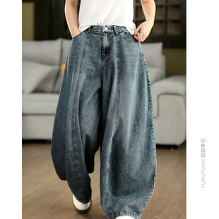 镰刀裤 休闲阔腿裤 春 女宽松显瘦弯刀裤 园园美衣复古水洗牛仔高腰裤