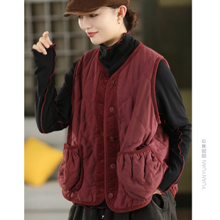 秋冬复古拼接条绒夹棉马甲女冬季 马夹外搭上衣 100%麻加厚棉衣无袖