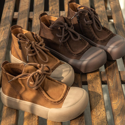 秋冬复古头层牛皮女鞋女手工厚底鞋5CM增高鞋系带马丁靴短靴