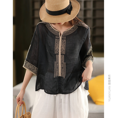 重工刺绣苎麻衬衫中袖衬衣