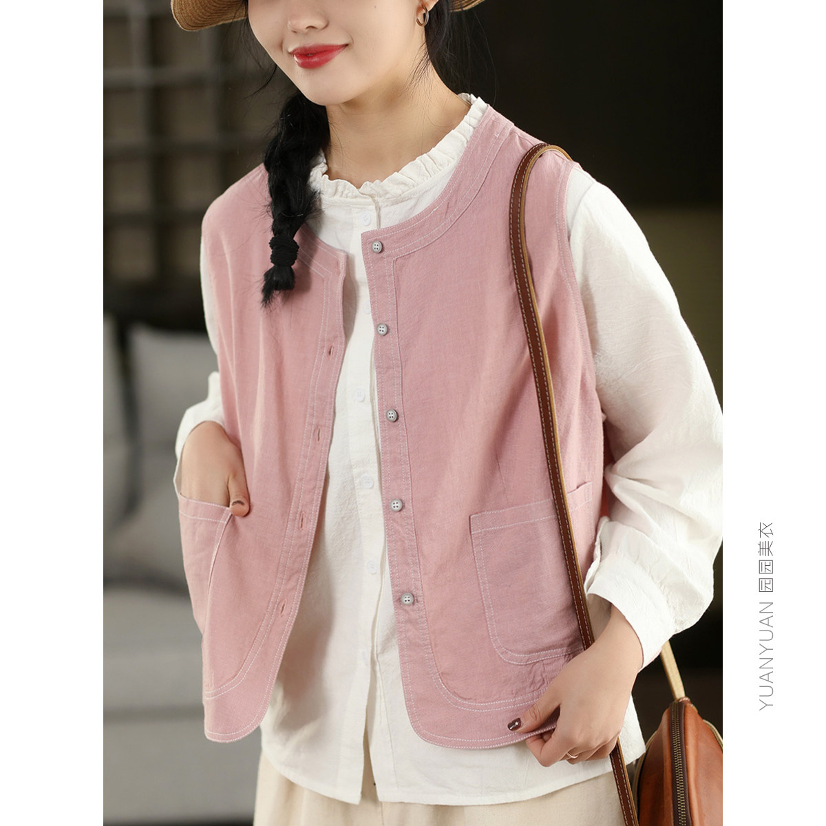 园园美衣复古麻棉背心马夹外套女春款文艺明线单排扣无袖马甲上衣,女装/女士精品,马夹,淘宝优惠券,粉丝福利购,淘宝优惠卷