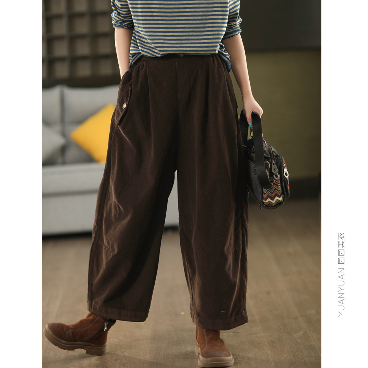 园园美衣秋季复古全棉灯芯绒哈伦裤女松紧腰显瘦条绒裤宽松长裤,女装/女士精品,休闲裤,淘宝优惠券,粉丝福利购,淘宝优惠卷