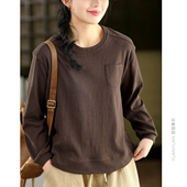 纯色圆领套头衫 上衣春款 T恤休闲卫衣 复古亚麻长袖 园园美衣新款