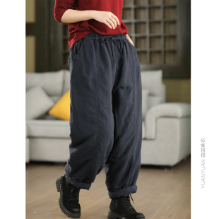 厚实长裤 内里格纹加厚保暖麻裤 砂洗100%亚麻夹棉棉裤 园园美衣冬季