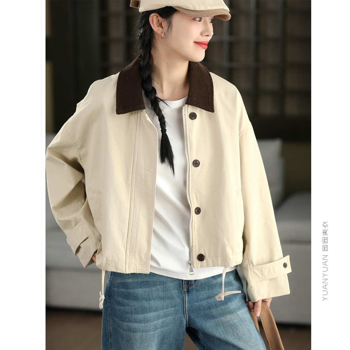 园园美衣复古100%棉双层短外套女拼接灯芯绒翻领夹克春款开衫上衣