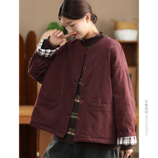 冬季进口全棉风衣外套文艺棉衣内里色织格纹夹棉保暖棉袄圆领棉服