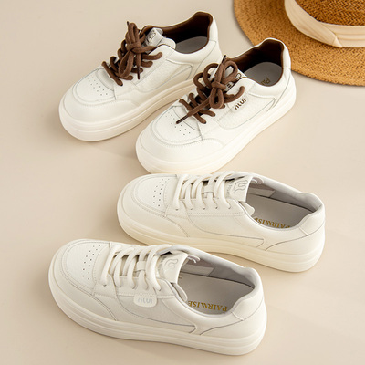 园园美衣秋季时尚真皮小白鞋女系带百搭休闲单鞋舒适增高平底鞋