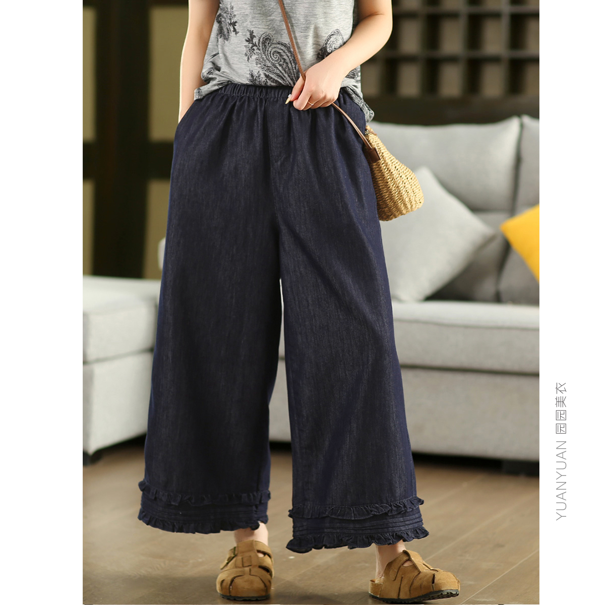 色织莱赛尔棉阔腿裤牛仔裤