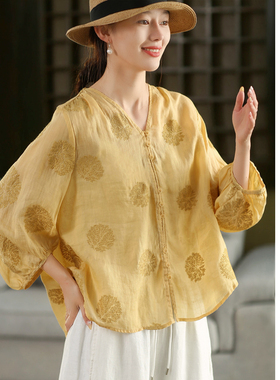 【炎夏BI穿】高定满绣100%苎麻衬衫夏季薄款衬衣灯笼袖上衣开衫1