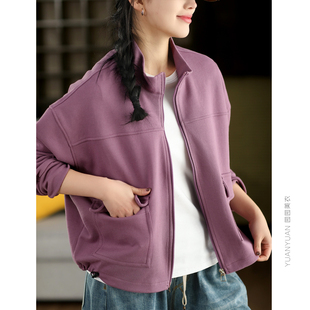 园园美衣新款复古棉质休闲短外套春季时尚抽绳摆拉链开衫外搭上衣