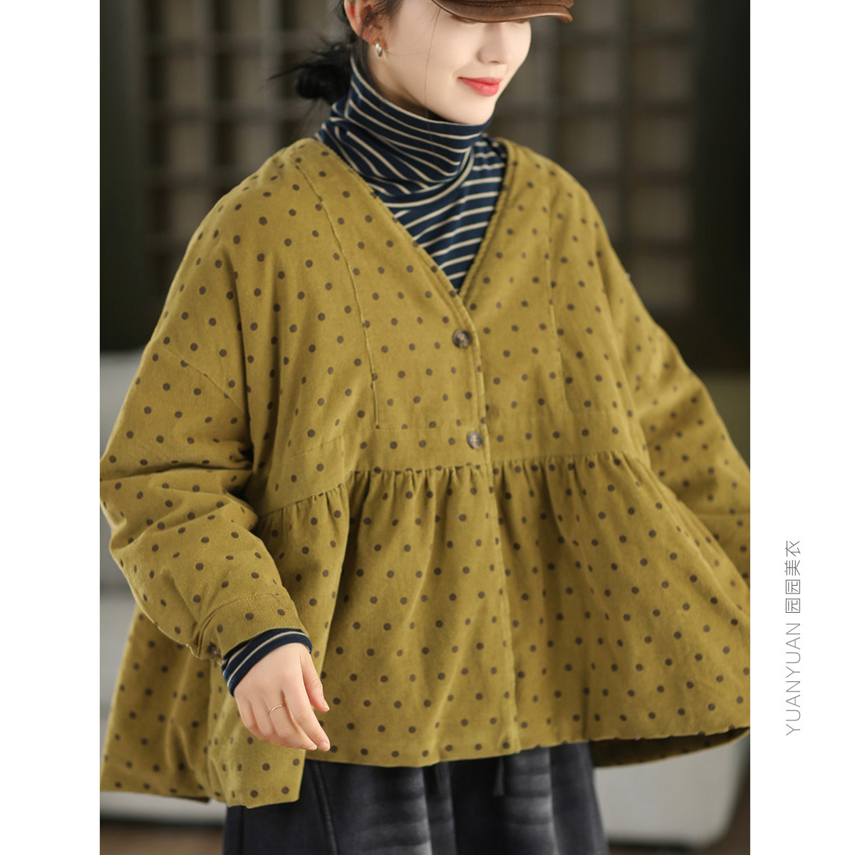 园园美衣复古波点全棉灯芯绒夹棉棉袄高腰A摆加厚保暖棉服棉衣冬