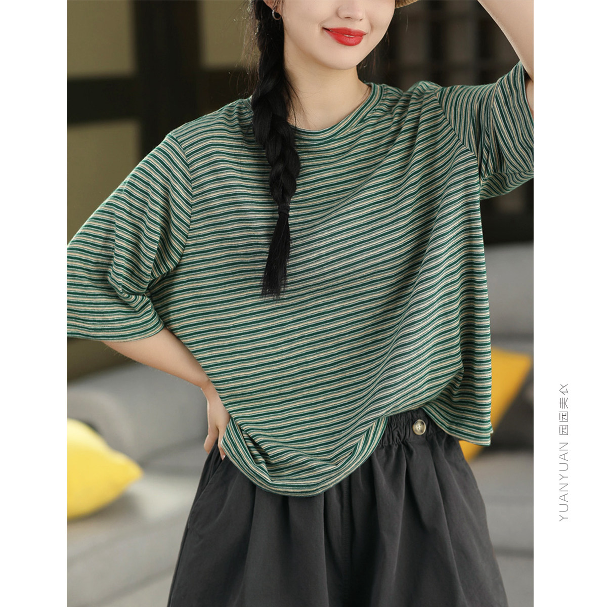 园园美衣复古棉质条纹针织T恤女夏季圆领中袖上衣套头衫显瘦短袖
