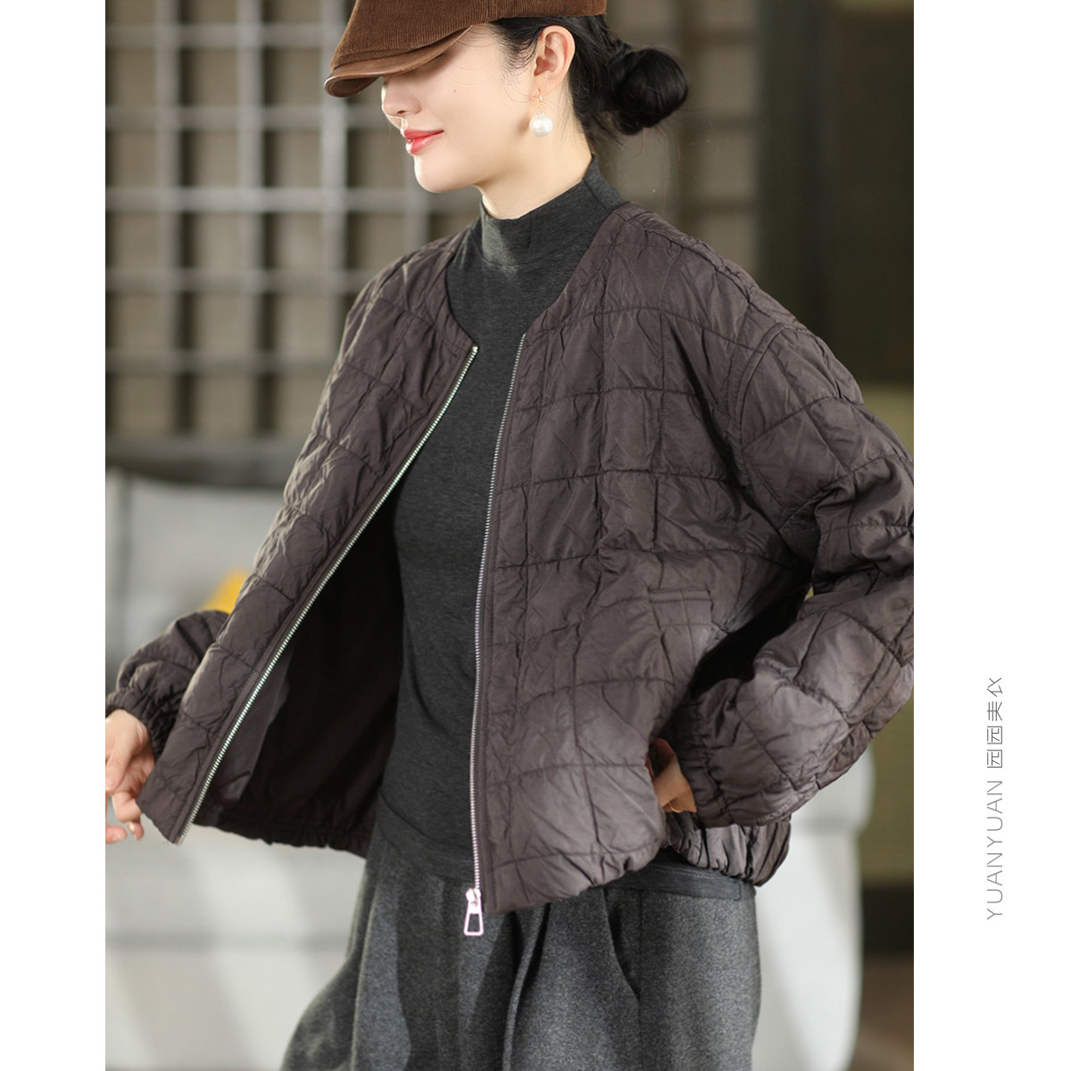 秋冬时尚定制肌理感夹薄棉外套女宽松圆领拉链夹克休闲外搭上衣
