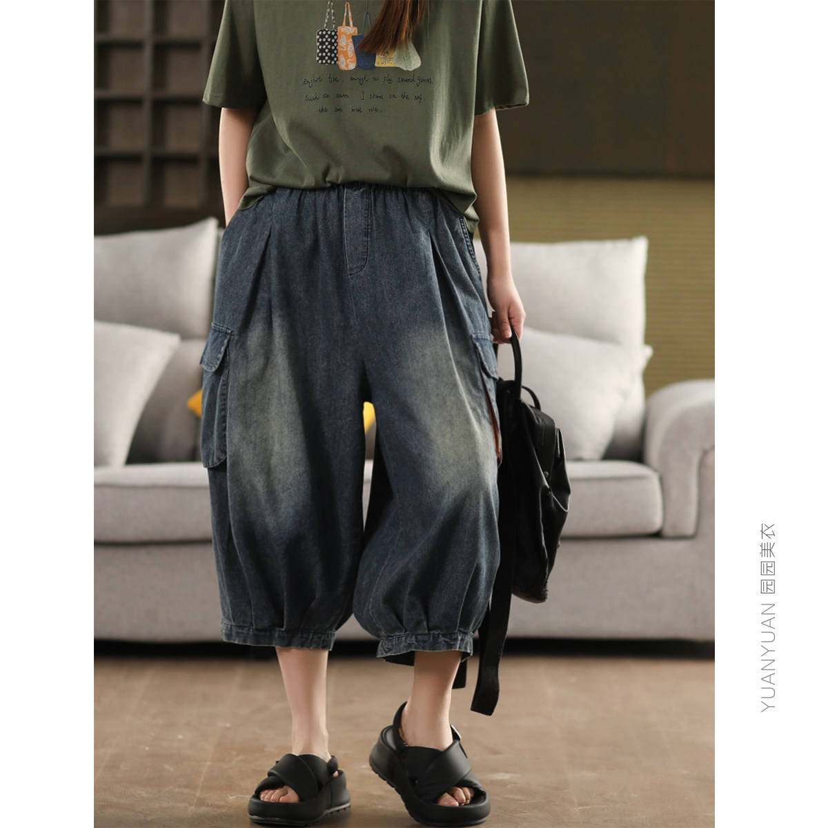 园园美衣复古磨白全棉牛仔裤女个性大口袋灯笼裤休闲显瘦七分裤夏