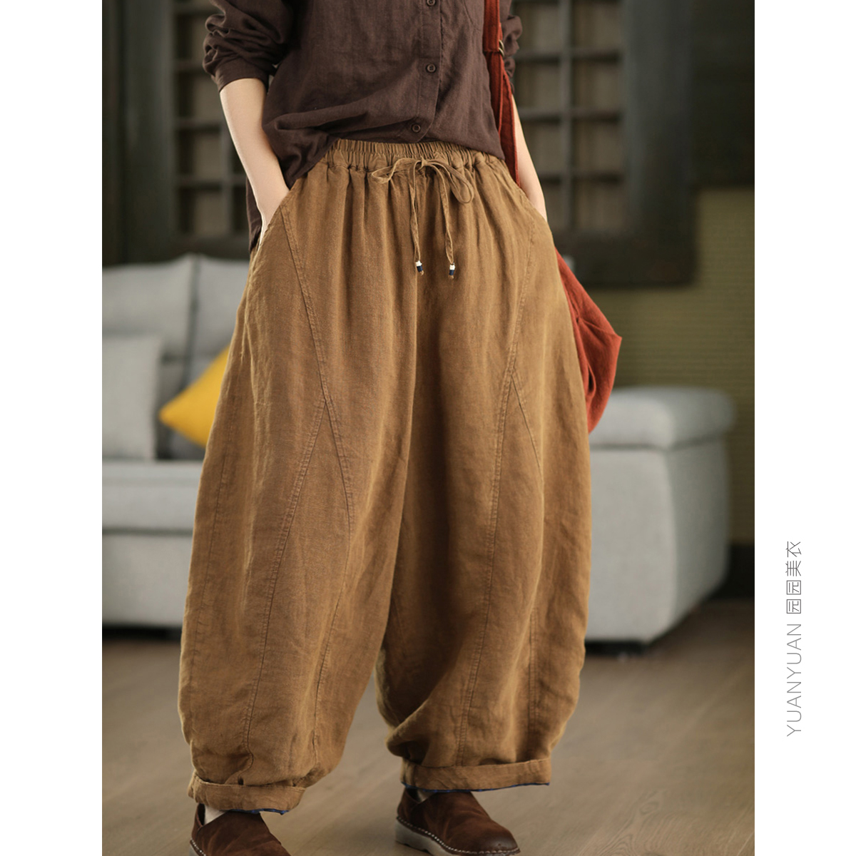 重工炒色100%亚麻加厚棉裤女夹棉麻裤冬季保暖灯笼裤紫牧高定系列