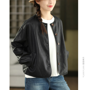 重磅柔软皮衣短外套复古金属丝PU皮夹克时尚 内里格纹单排扣外搭秋