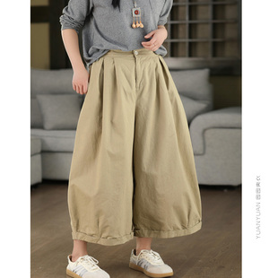 休闲裤 全棉宽松裙裤 高腰显瘦宽腿裤 园园美衣日系100%棉翻边阔腿裤
