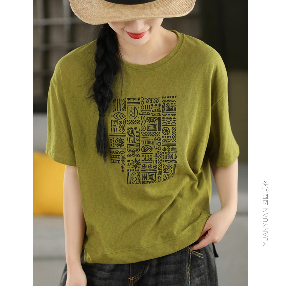 版型爆赞 复古印花麻感棉短袖夏季百搭圆领套头衫文艺休闲T恤上衣