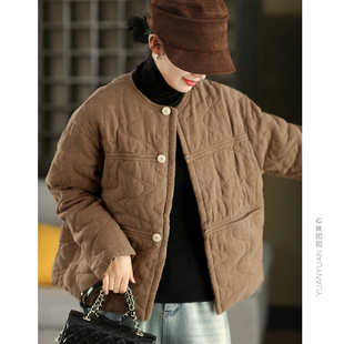 园园美衣冬季 棉服 复古天丝苎麻夹棉外套女绗线袢扣加厚棉袄短款