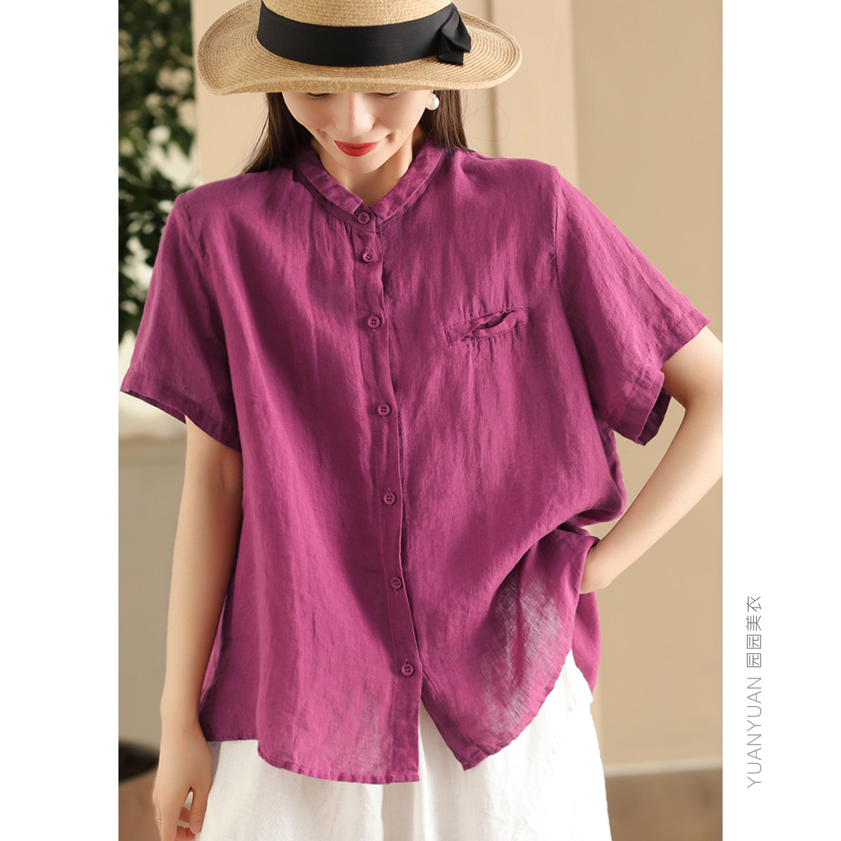 复古法国雨露亚麻敦厚炒色衬衫女文艺单排扣开衫上衣文艺纯色衬衣