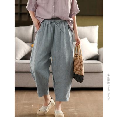 色织亚麻哈伦裤显瘦九分裤