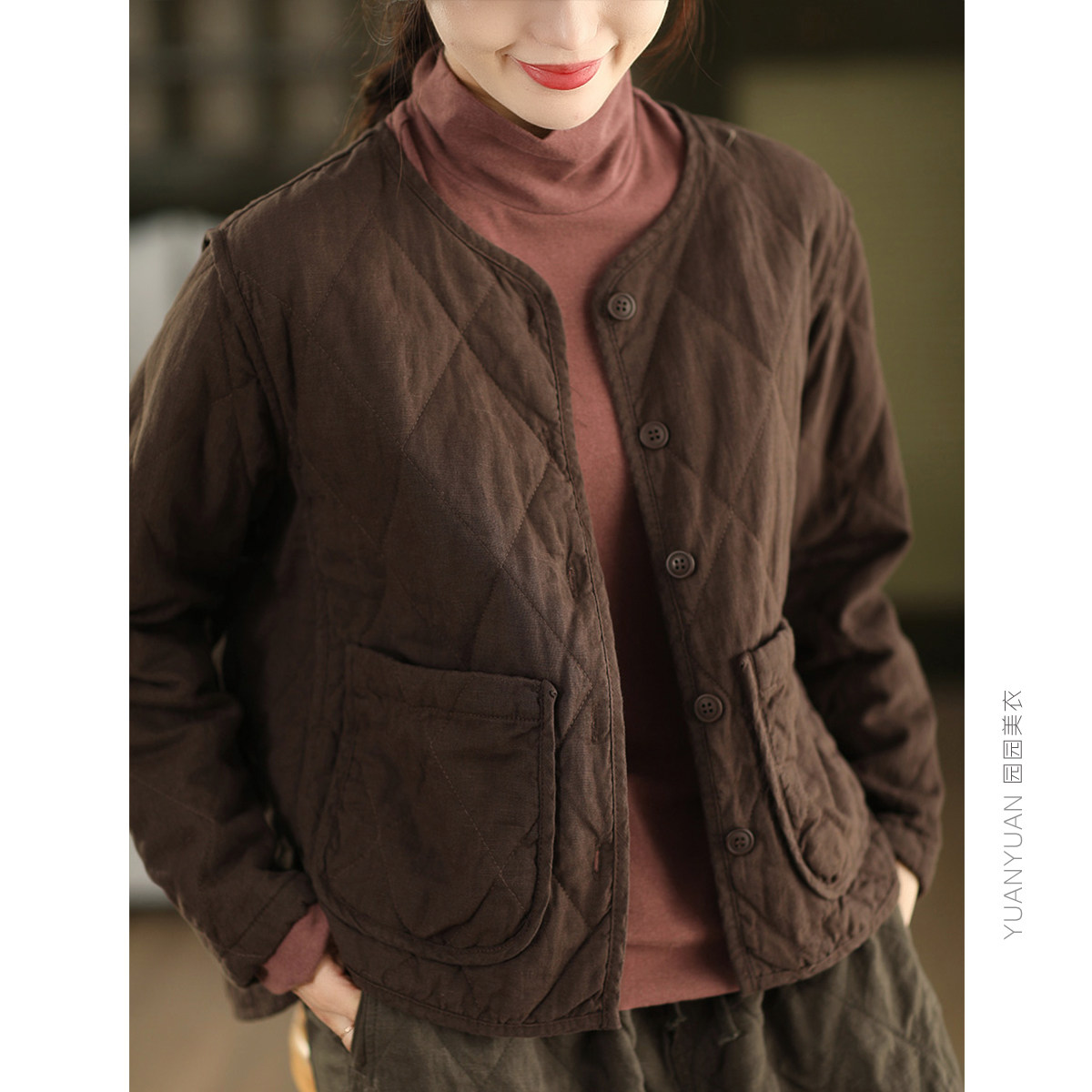 菱格亚麻加厚外套上衣开衫