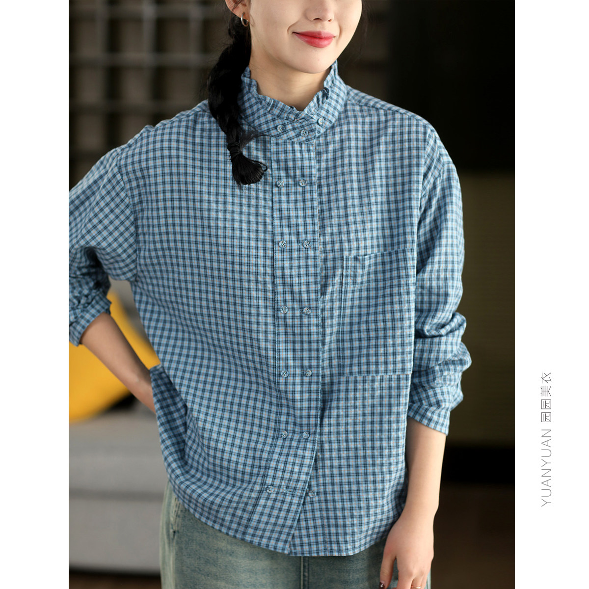 园园美衣复古色织格纹棉质衬衫文艺双排扣木耳领长袖衬衣春款上衣,女装/女士精品,衬衫,淘宝优惠券,粉丝福利购,淘宝优惠卷