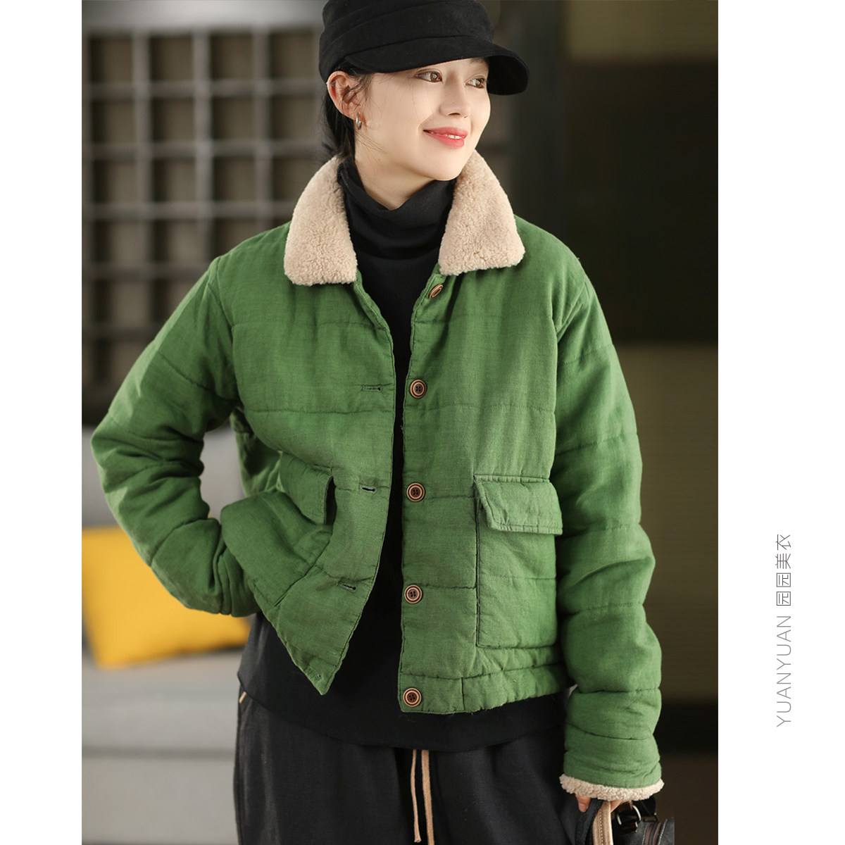 拼接羊羔毛加厚纯麻棉袄