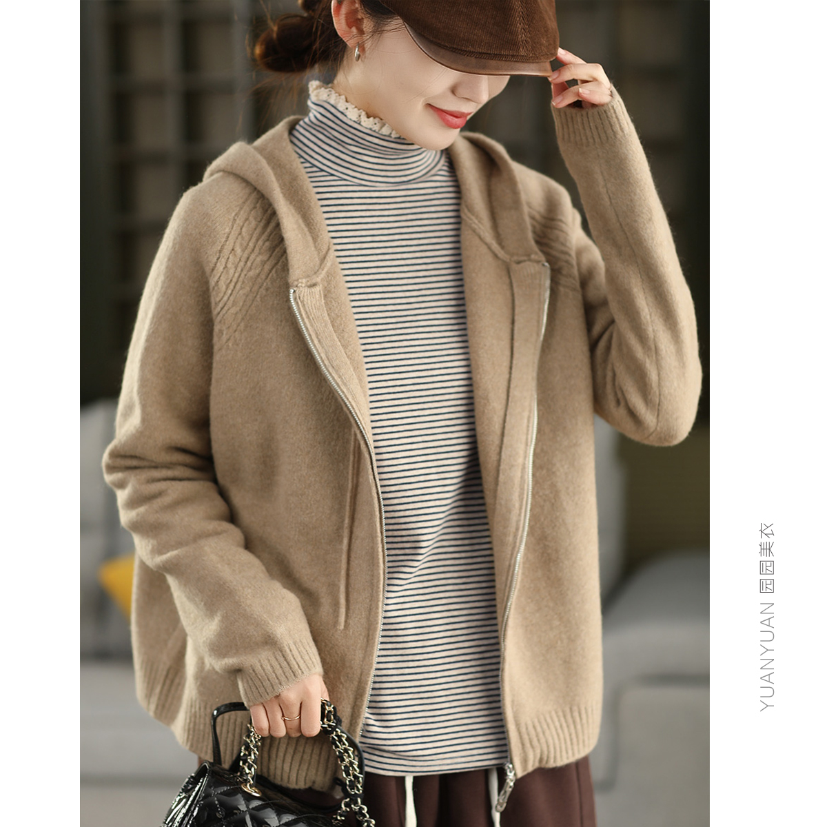 双头拉链加厚连帽外套毛衣针织