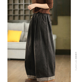 园园美衣复古炒色牛仔裤 宽松显瘦休闲长裤 女秋款 做旧磨白阔腿裤