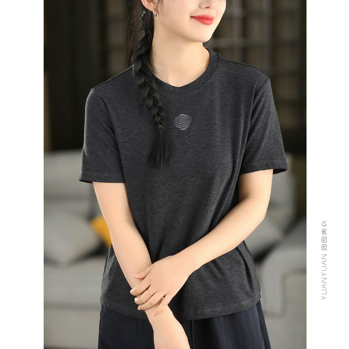 园园美衣复古刺绣山茶花短袖女桑蚕丝T恤时尚夏季绣花套头衫上衣