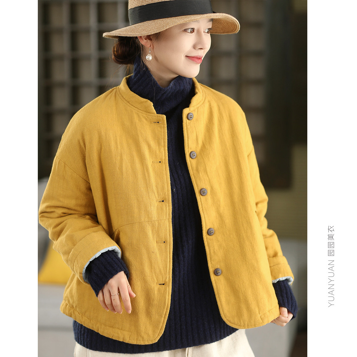 砂洗亚麻夹棉棉袄加厚保暖棉衣