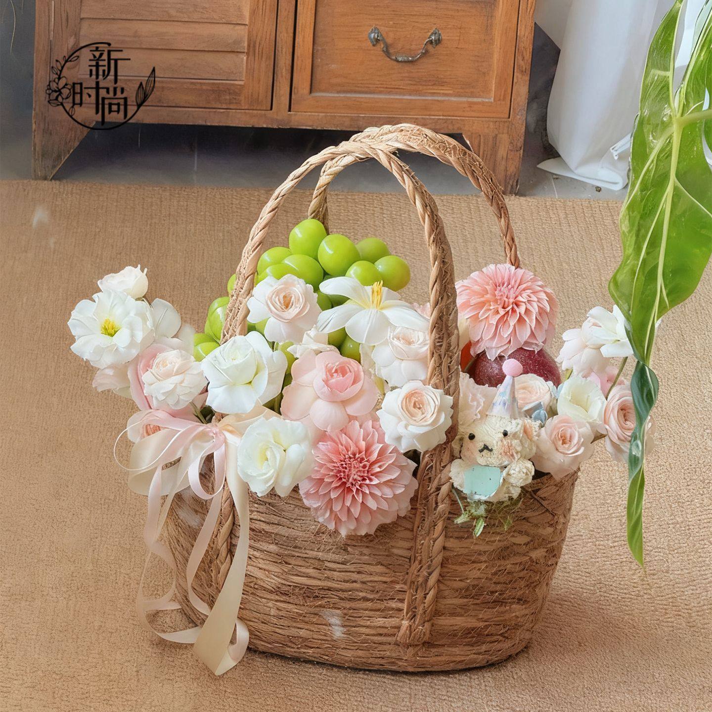 手工藤编草编北欧手提花篮编织田园悬挂花篮壁挂式花店鲜花艺包装